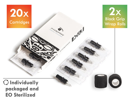 Illusionist Ultra Premium Professional Cartridge Needles w/Grip Wrap Tape #12 Round Liner 20 Pack (1203RL)