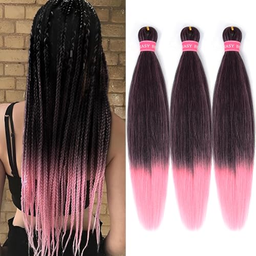 ZERAL Braiding Hair Pre Stretched 26 Inch 3 Packs Braiding Hair Professional Itch Free Yaki Texture Hair Extensions for Braids Synthetic Hair Braiding for Women and Girls (1B/Pink#)